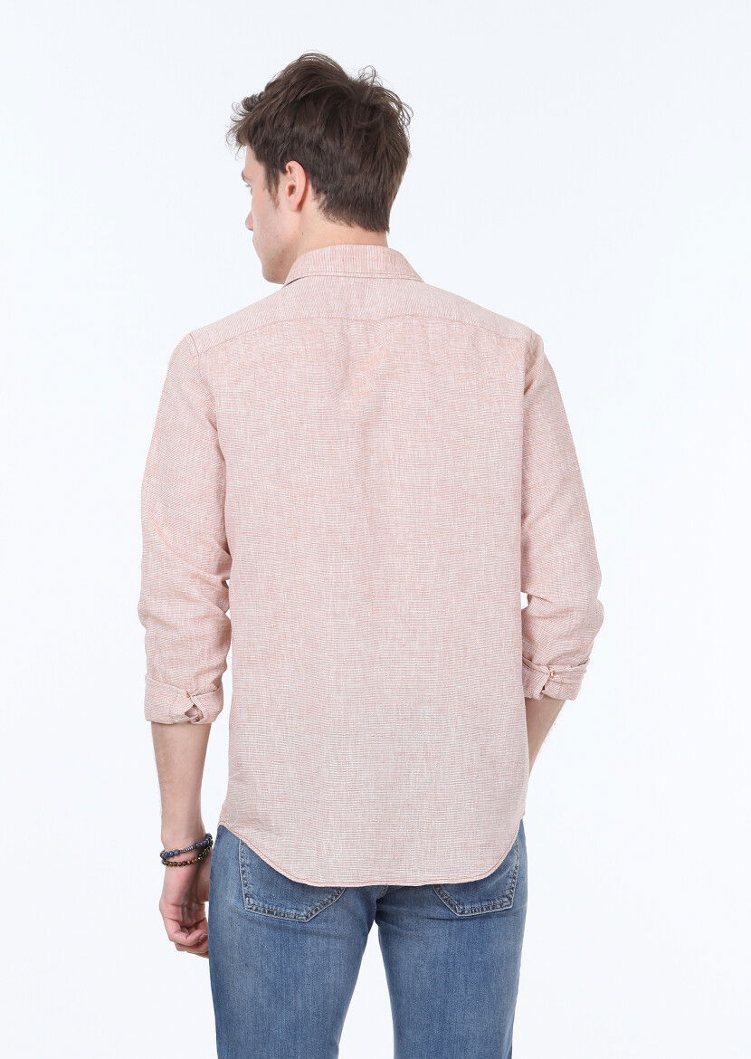 Kiremit Çizgili Regular Fit Dokuma Casual Pamuk Karışımlı Gömlek - 4