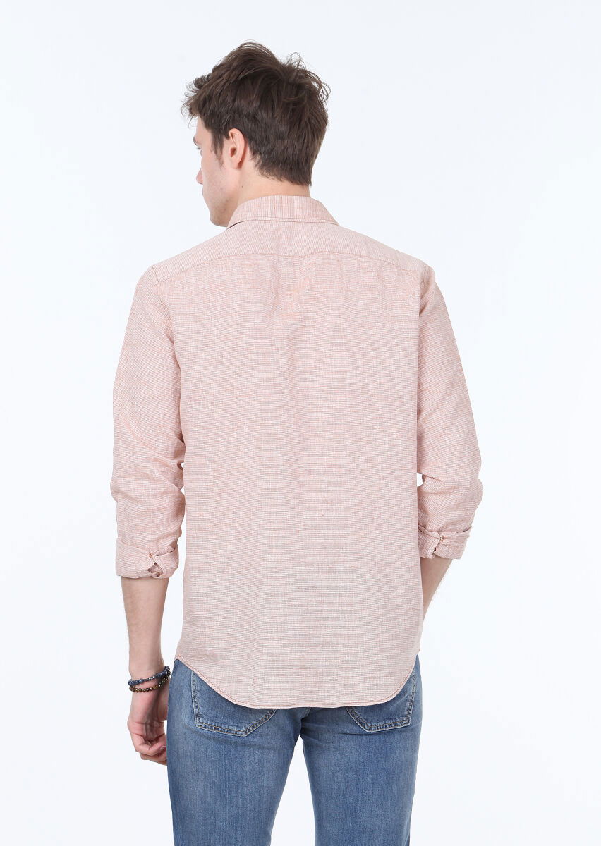 Kiremit Çizgili Regular Fit Dokuma Casual Pamuk Karışımlı Gömlek - 4