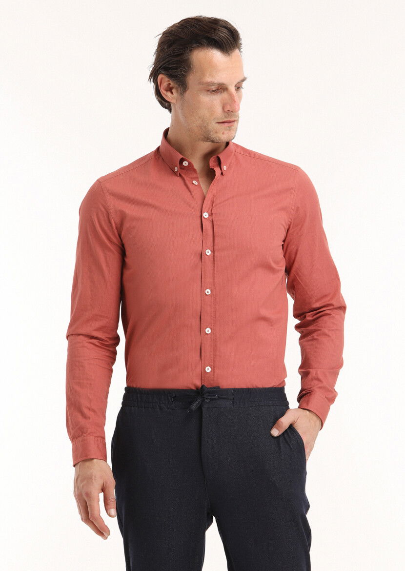 Kiremit Fitilli Regular Fit Dokuma Casual %100 Pamuk Gömlek 