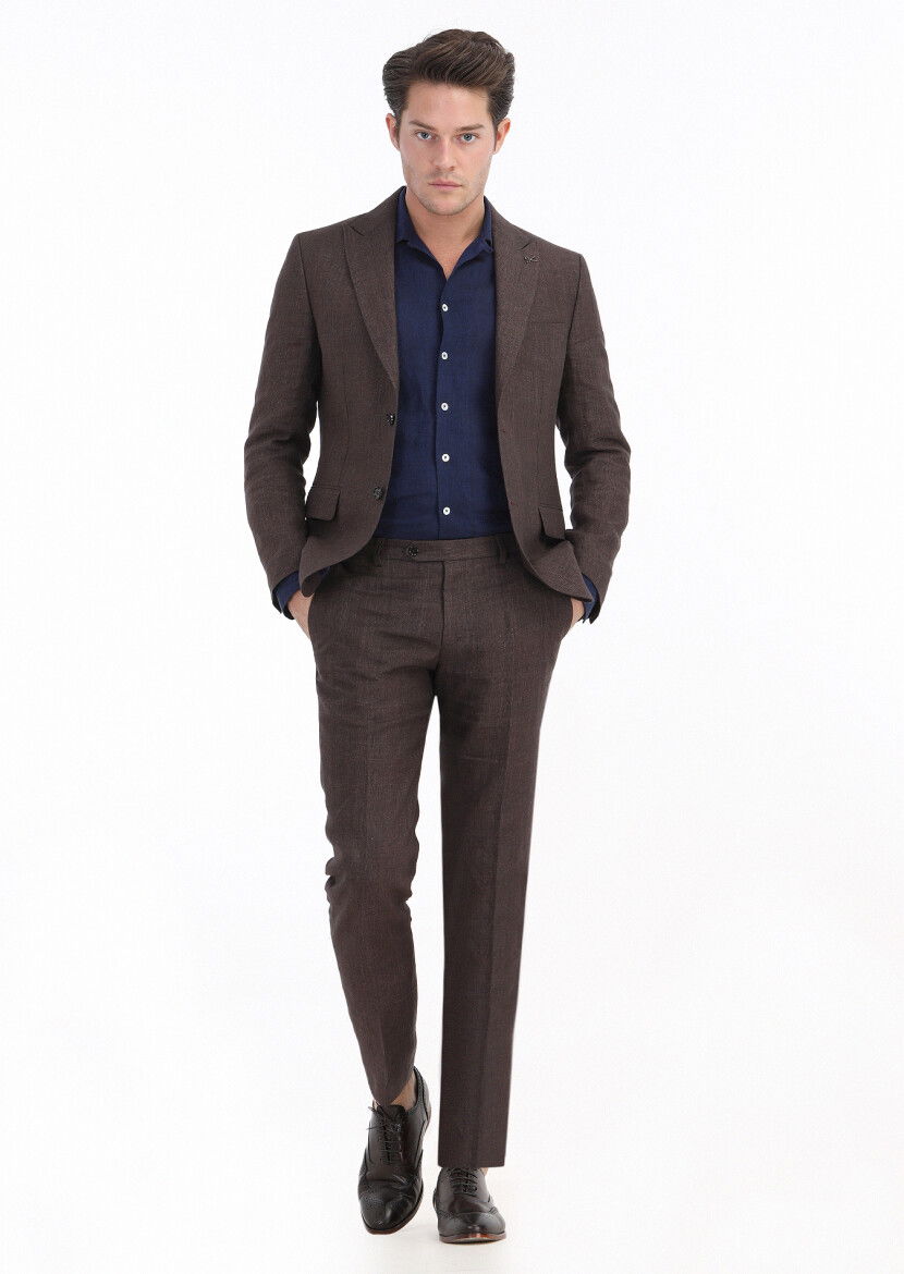 Kiremit Kareli Zeroweight Slim Fit %100 Keten Takım Elbise - 1