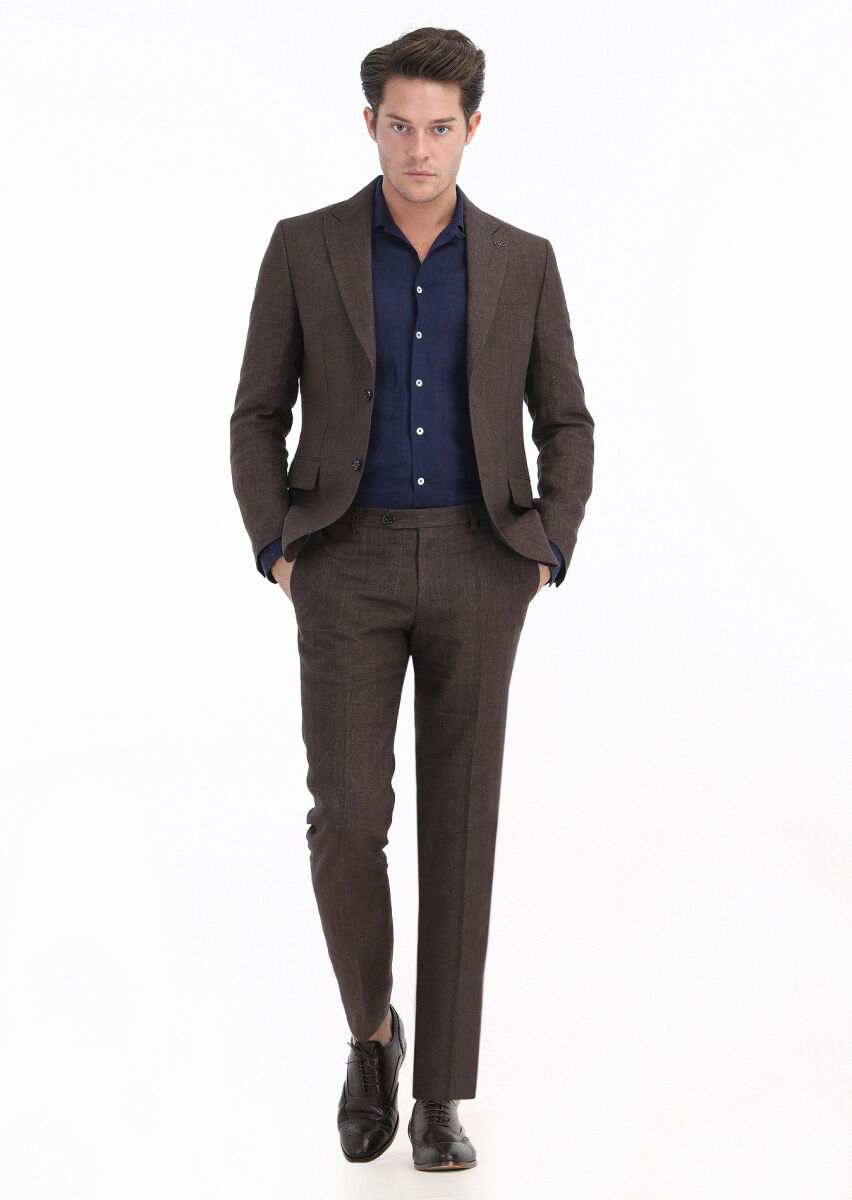 Kiremit Kareli Zeroweight Slim Fit %100 Keten Takım Elbise - 1