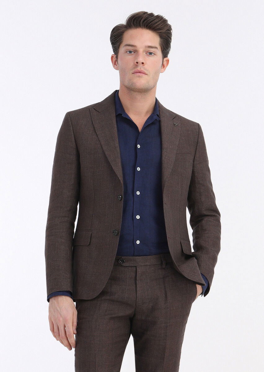 Kiremit Kareli Zeroweight Slim Fit %100 Keten Takım Elbise - 2