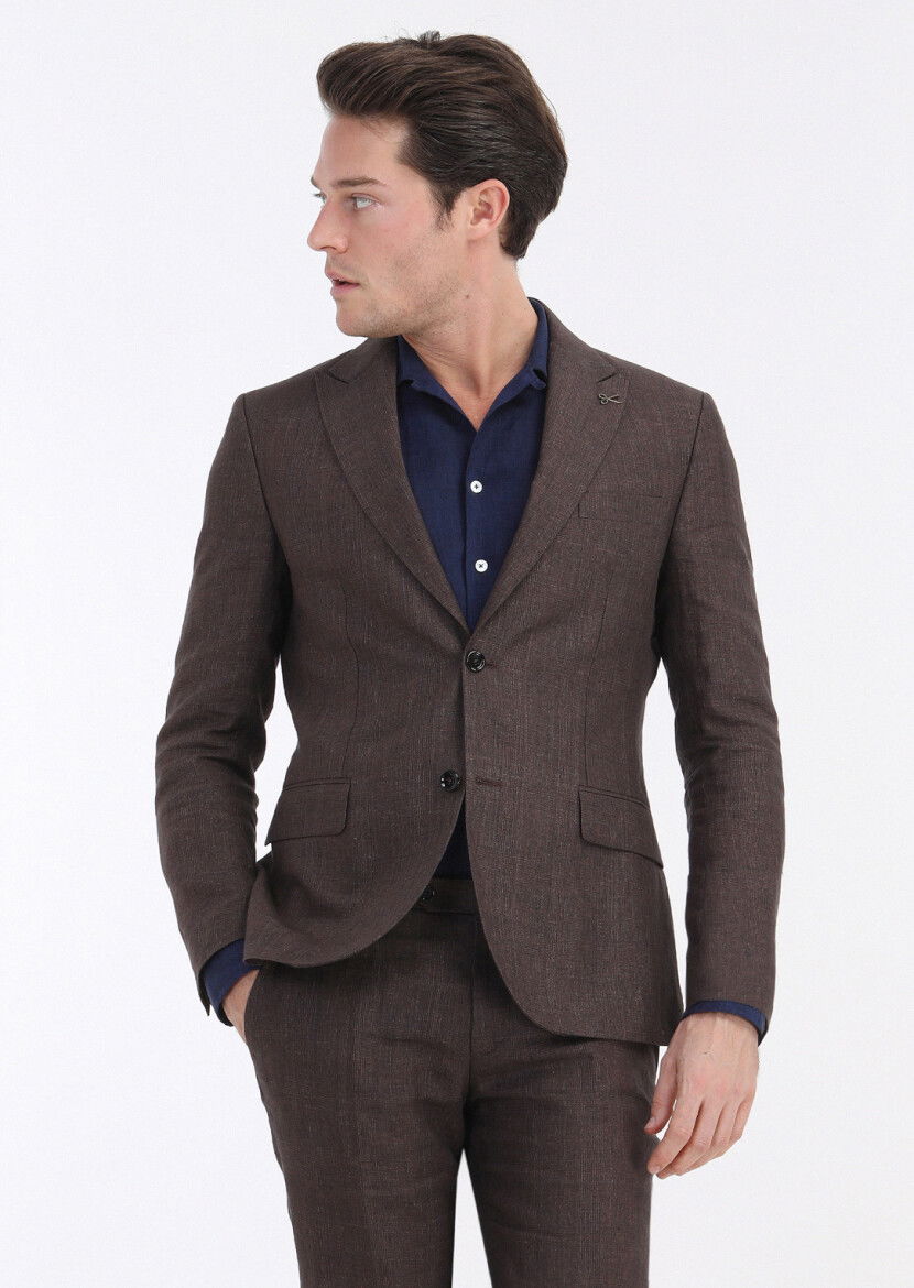 Kiremit Kareli Zeroweight Slim Fit %100 Keten Takım Elbise - 3