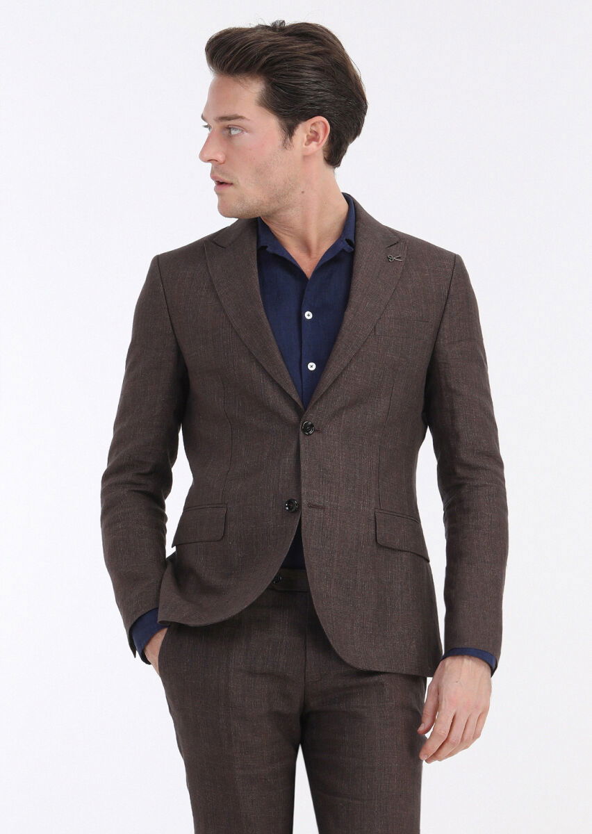 Kiremit Kareli Zeroweight Slim Fit %100 Keten Takım Elbise - 3
