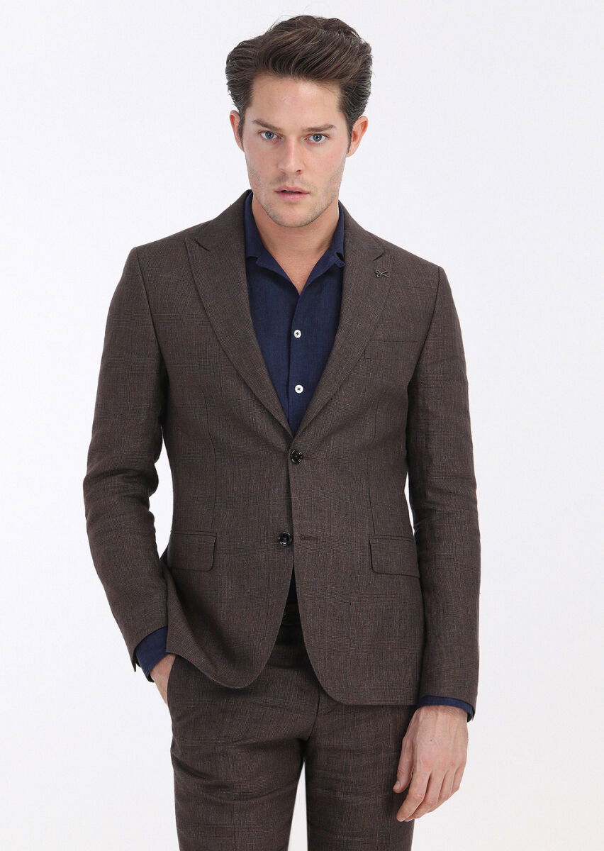 Kiremit Kareli Zeroweight Slim Fit %100 Keten Takım Elbise - 4
