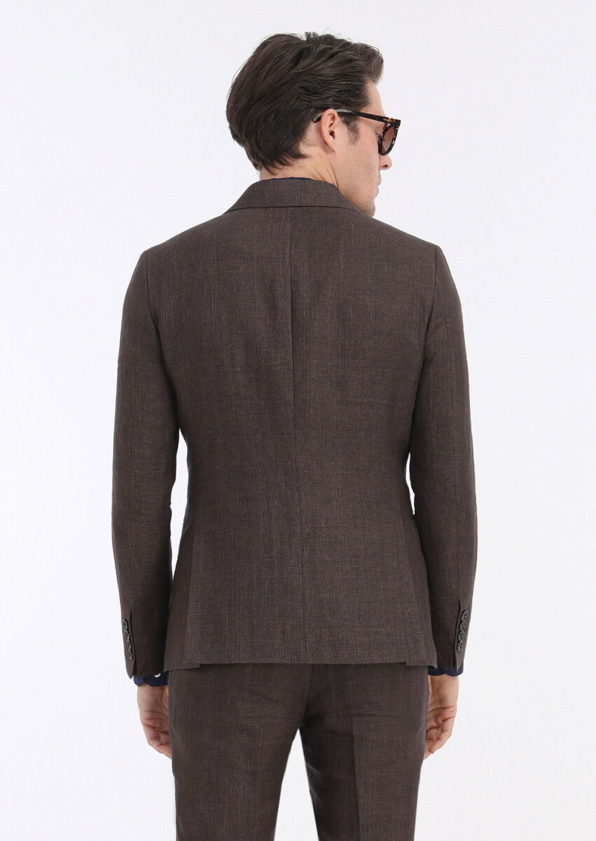 Kiremit Kareli Zeroweight Slim Fit %100 Keten Takım Elbise - 7