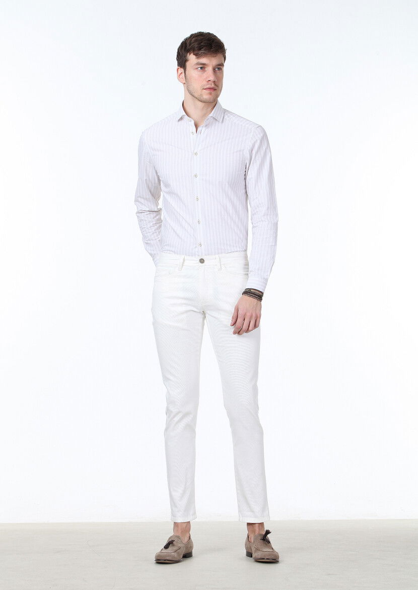 Kırık Beyaz Dokuma Slim Fit Casual Pamuk Karışımlı Pantolon 