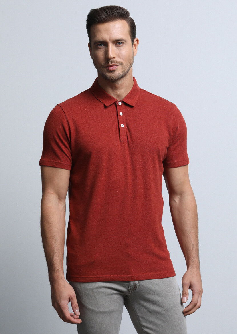 Kırmızı Baskılı Polo Yaka Pamuk Karışımlı T-Shirt 