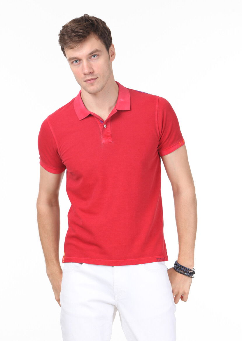 Kırmızı Düz Polo Yaka %100 Pamuk T-Shirt 