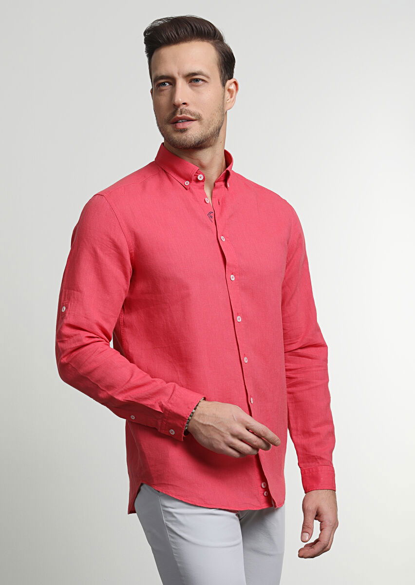 Kırmızı Düz Regular Fit Dokuma Casual Pamuk Karışımlı Gömlek - 1