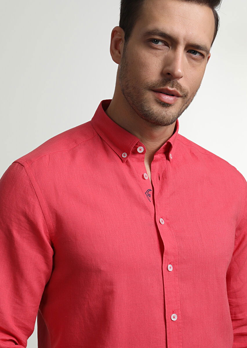 Kırmızı Düz Regular Fit Dokuma Casual Pamuk Karışımlı Gömlek - 2