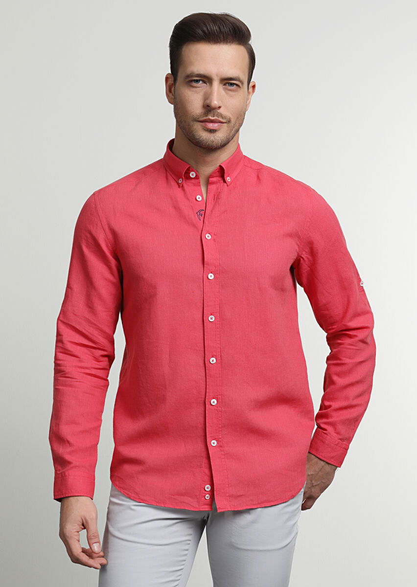 Kırmızı Düz Regular Fit Dokuma Casual Pamuk Karışımlı Gömlek - 3