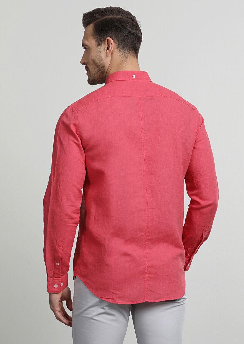 Kırmızı Düz Regular Fit Dokuma Casual Pamuk Karışımlı Gömlek - 4