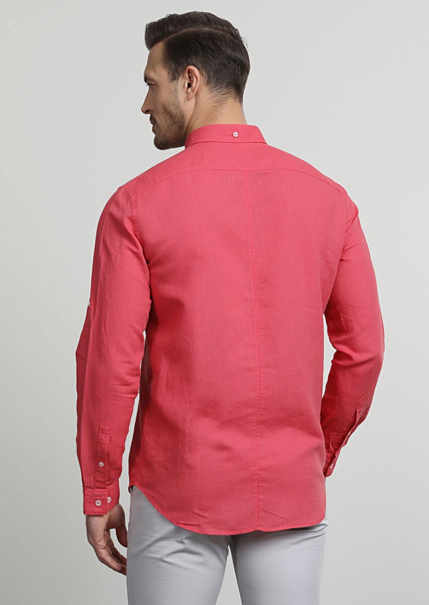 Kırmızı Düz Regular Fit Dokuma Casual Pamuk Karışımlı Gömlek - 4