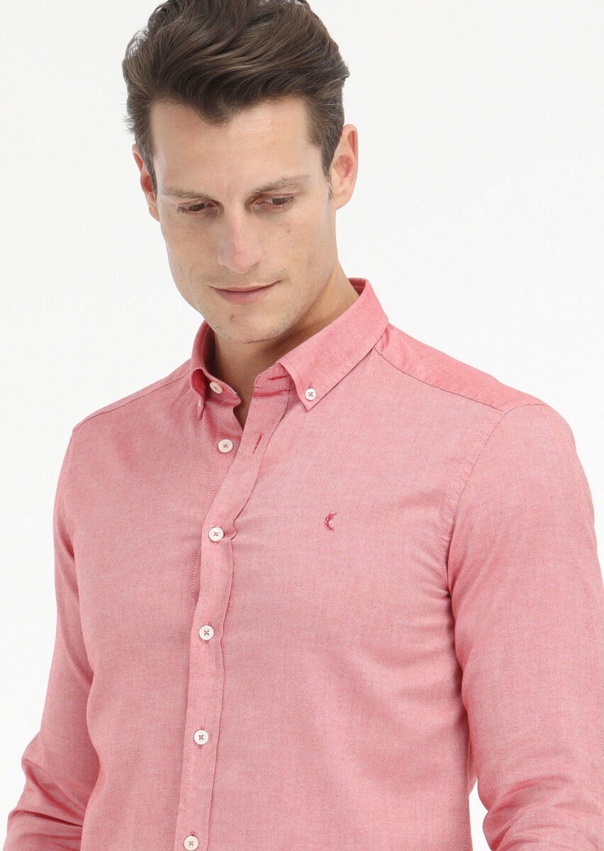 Kırmızı Düz Slim Fit Dokuma Casual %100 Pamuk Gömlek - 3
