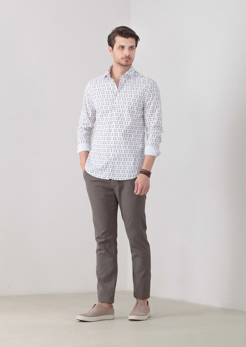 Koyu Bej Baskılı Slim Fit Dokuma Casual %100 Pamuk Gömlek - 1