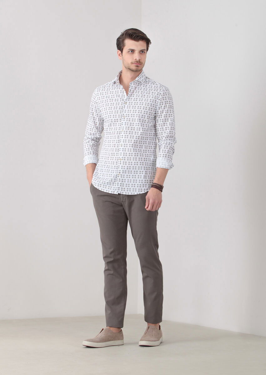 Koyu Bej Baskılı Slim Fit Dokuma Casual %100 Pamuk Gömlek - 1