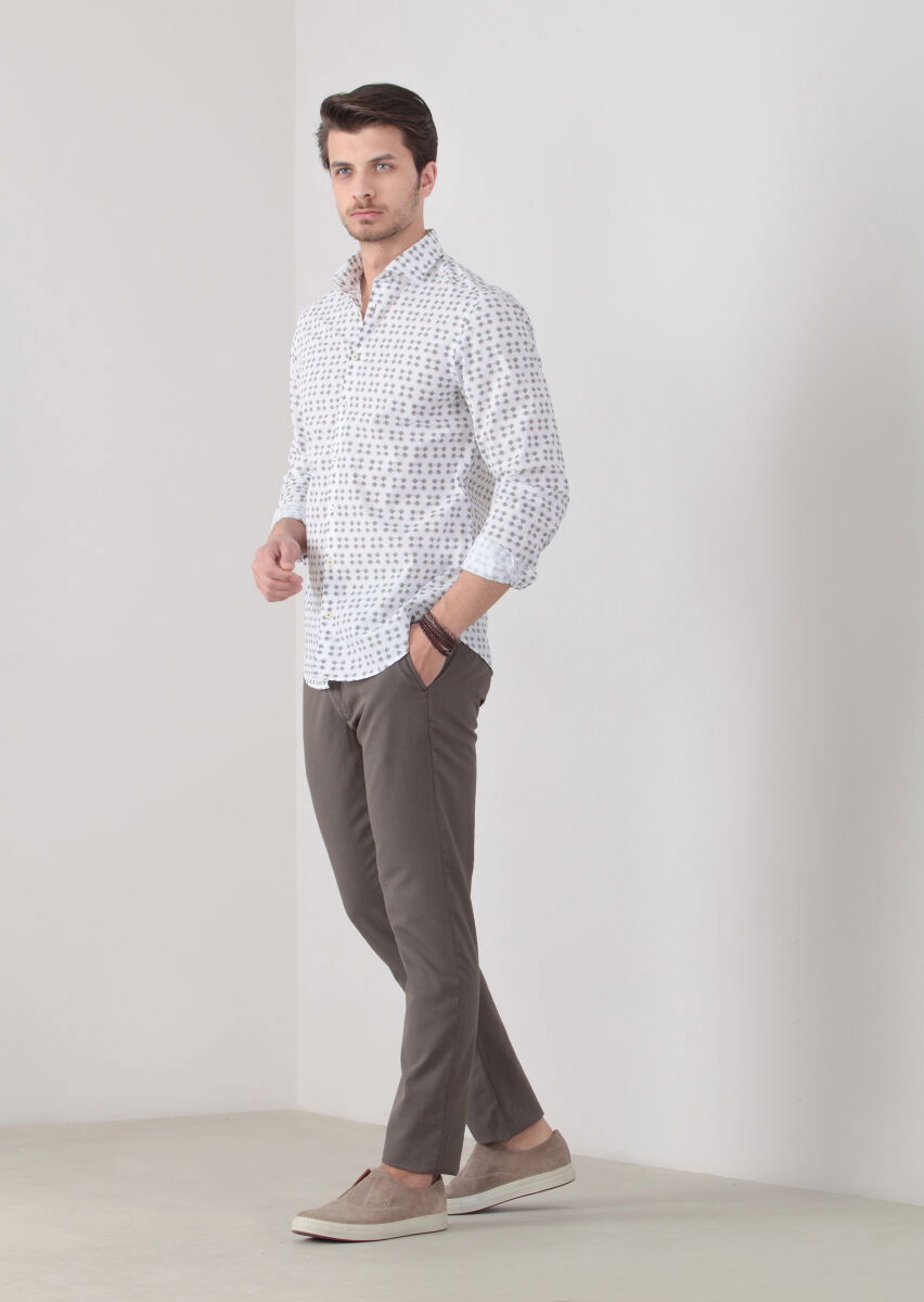 Koyu Bej Baskılı Slim Fit Dokuma Casual %100 Pamuk Gömlek - 2