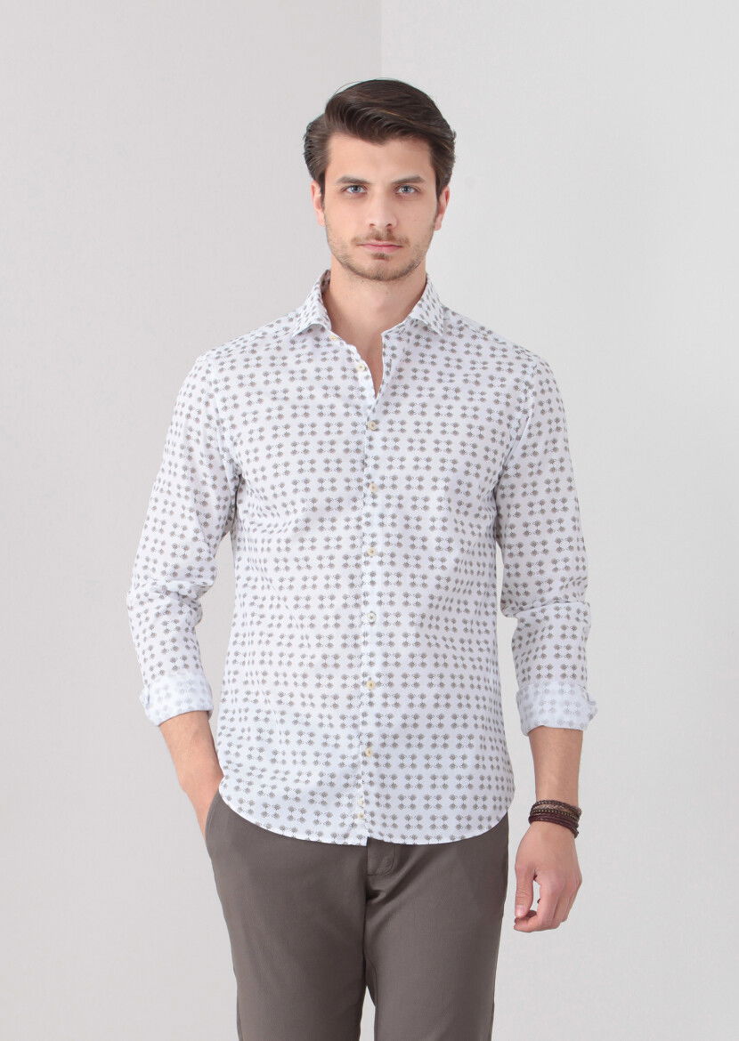 Koyu Bej Baskılı Slim Fit Dokuma Casual %100 Pamuk Gömlek - 3