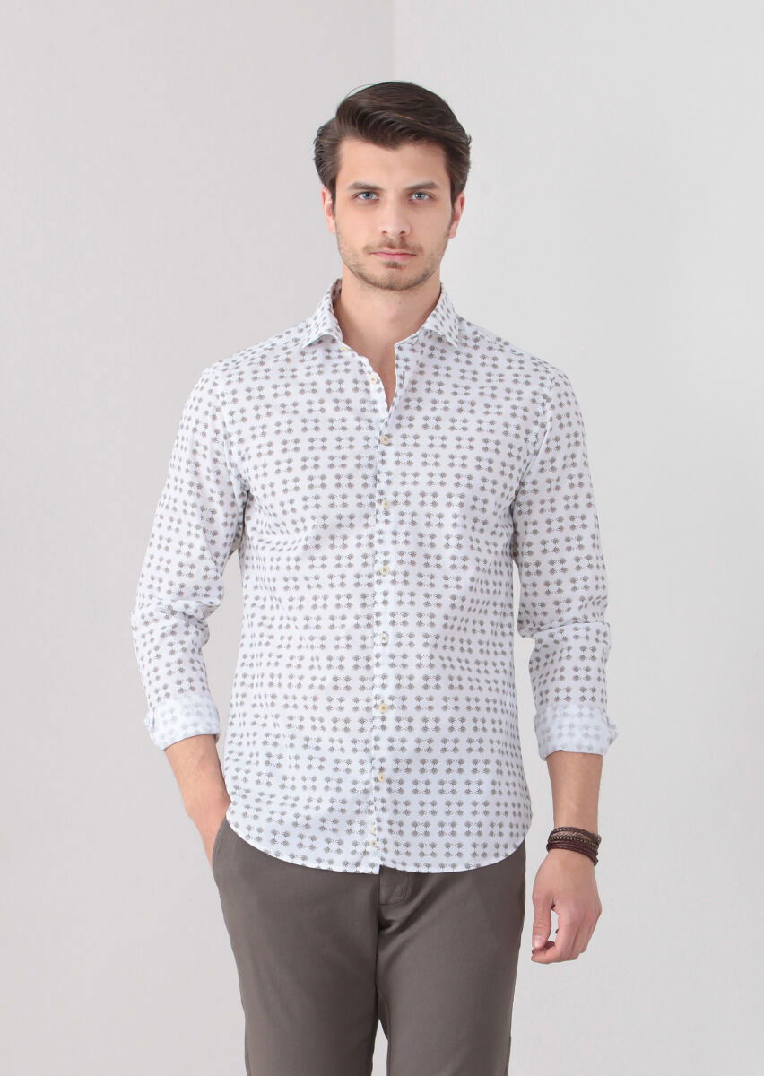 Koyu Bej Baskılı Slim Fit Dokuma Casual %100 Pamuk Gömlek - 3