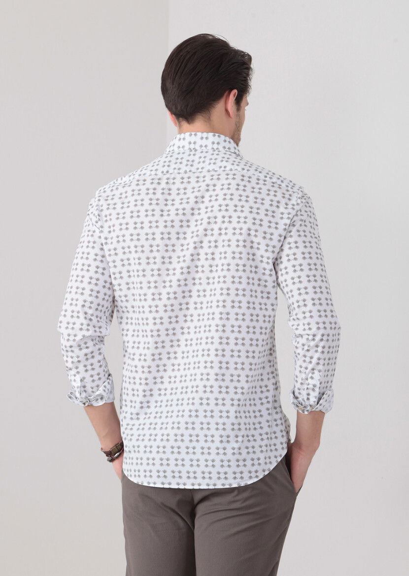 Koyu Bej Baskılı Slim Fit Dokuma Casual %100 Pamuk Gömlek - 5