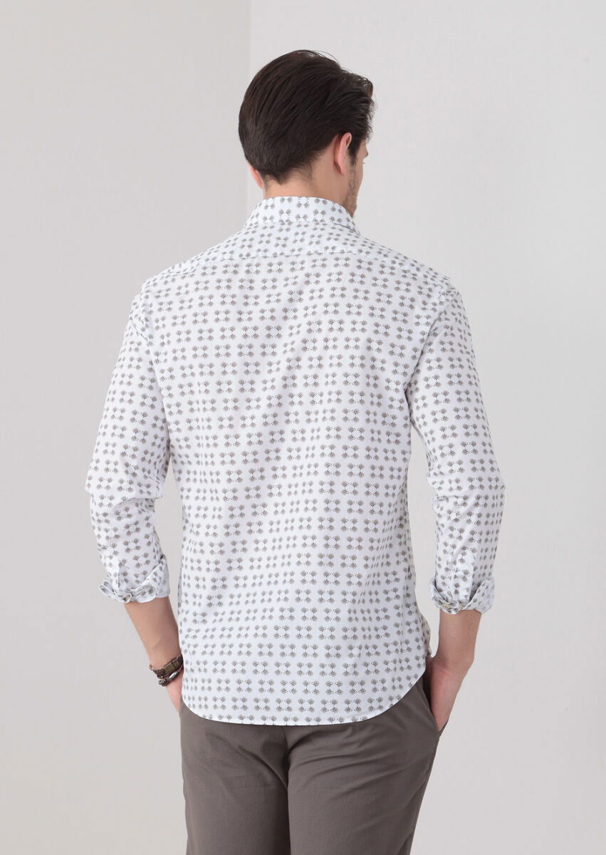 Koyu Bej Baskılı Slim Fit Dokuma Casual %100 Pamuk Gömlek - 5