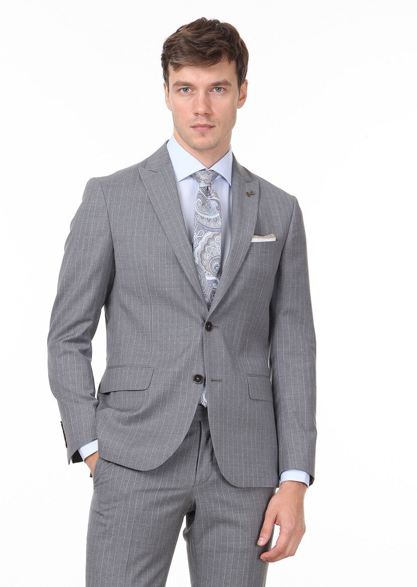 Koyu Gri Çizgili Zeroweight Slim Fit %100 Yün Takım Elbise - 1