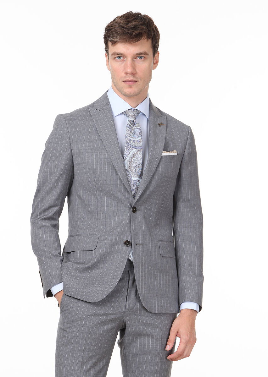 Koyu Gri Çizgili Zeroweight Slim Fit %100 Yün Takım Elbise - 1