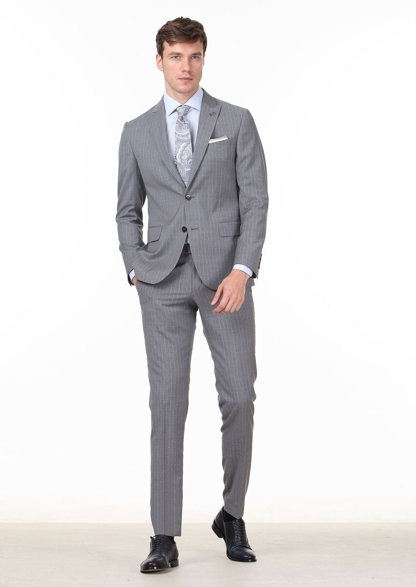 Koyu Gri Çizgili Zeroweight Slim Fit %100 Yün Takım Elbise - 3