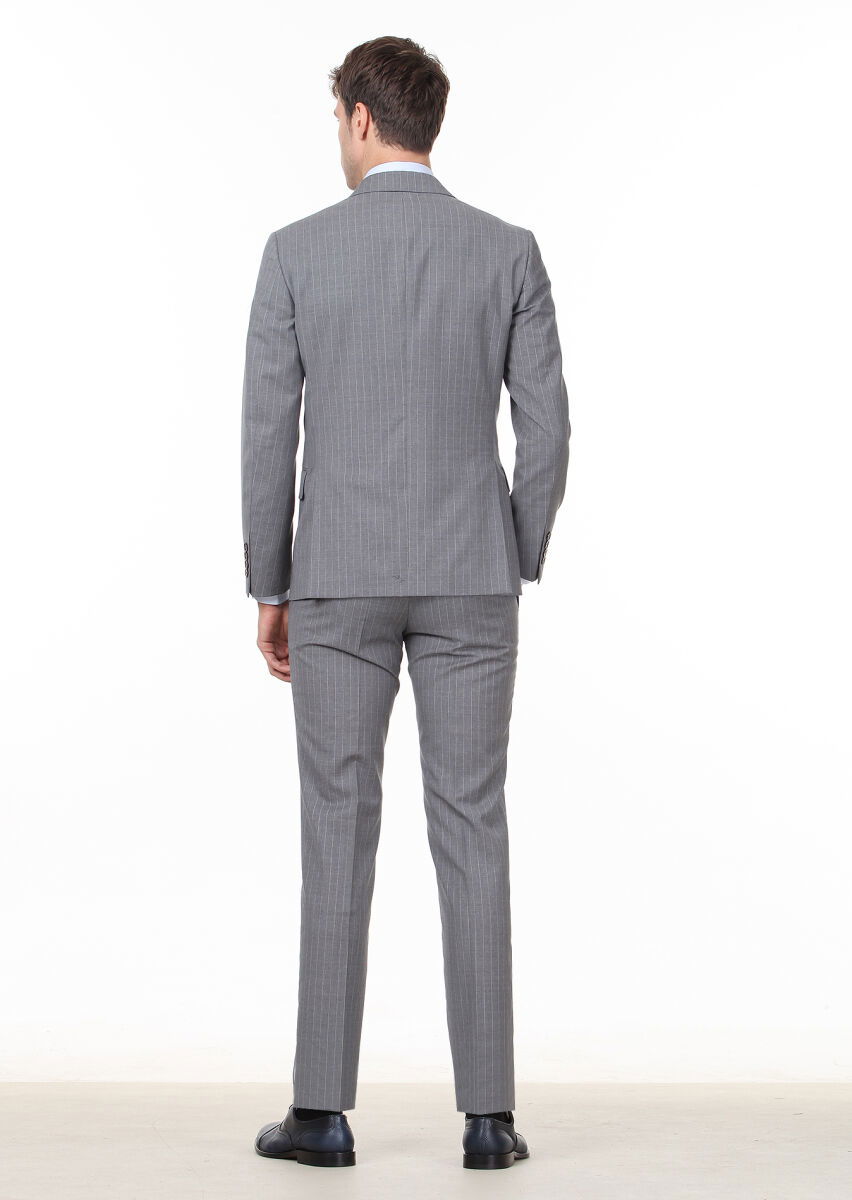 Koyu Gri Çizgili Zeroweight Slim Fit %100 Yün Takım Elbise - 4