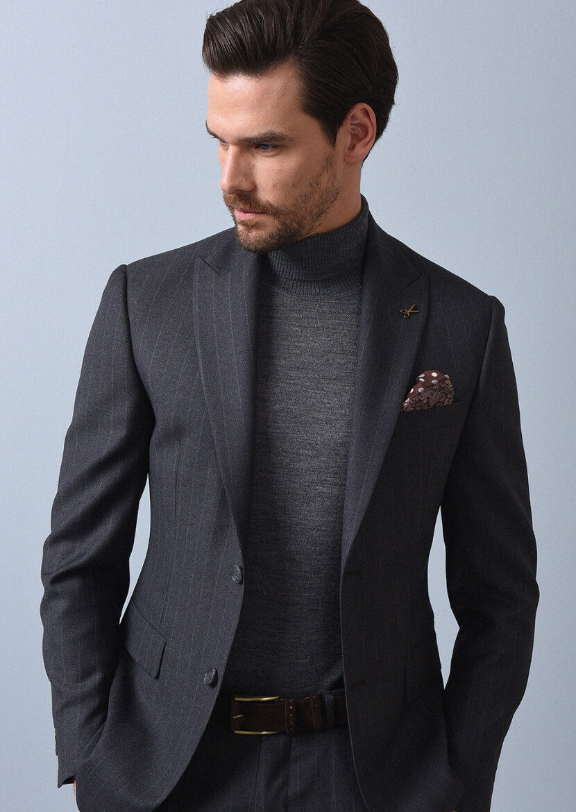 Koyu Gri Çizgili Zeroweight Slim Fit %100 Yün Takım Elbise - 2