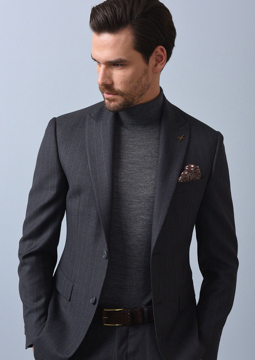 Koyu Gri Çizgili Zeroweight Slim Fit %100 Yün Takım Elbise - 2