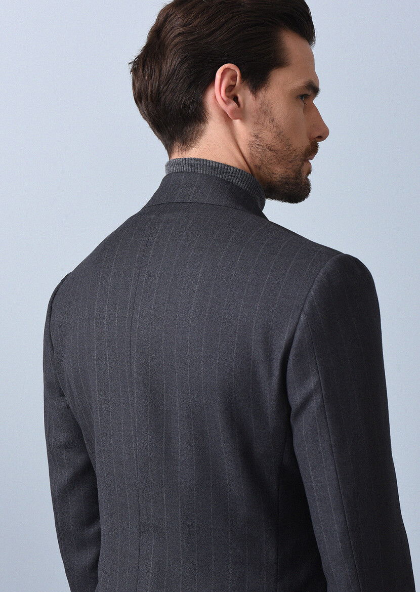 Koyu Gri Çizgili Zeroweight Slim Fit %100 Yün Takım Elbise - 5