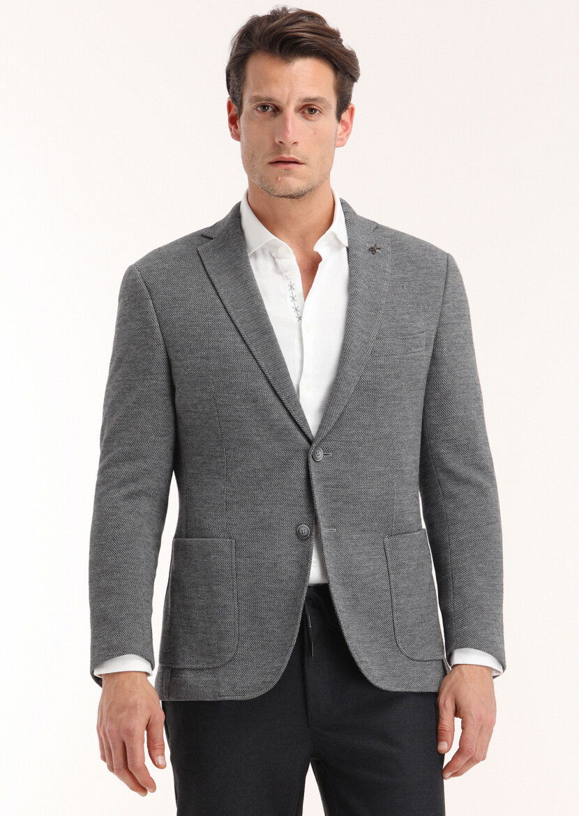 Koyu Gri Desenli Zeroweight Slim Fit Yün Karışımlı Örme Ceket - 2