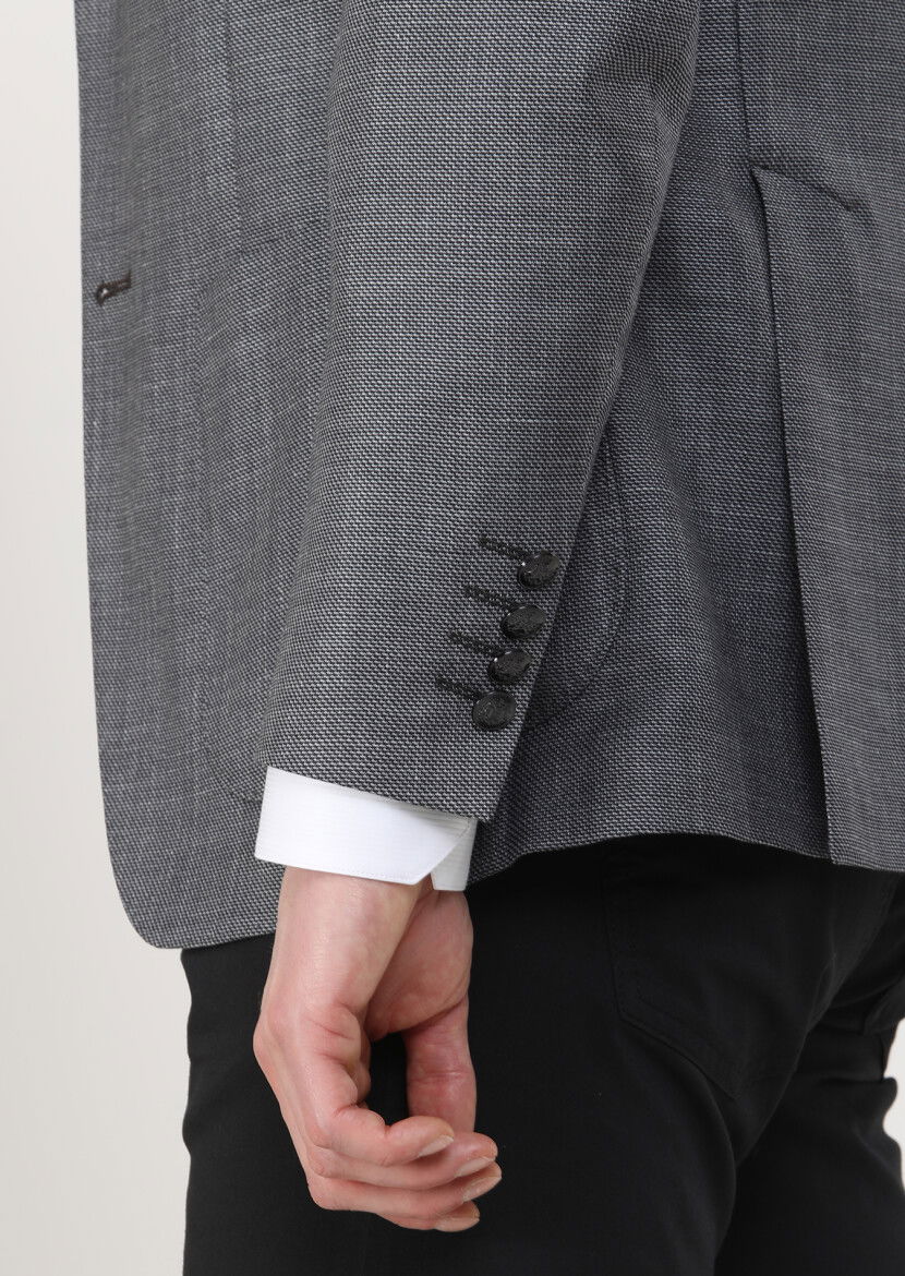 Koyu Gri Düz Comfort Fit İpek Karışımlı Ceket - 5