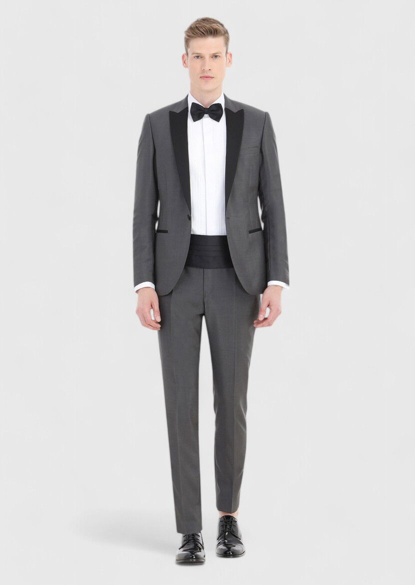 Koyu Gri Düz Fashion Slim Fit Kruvaze Yaka Dokuma Smokin Takım Elbise - 1