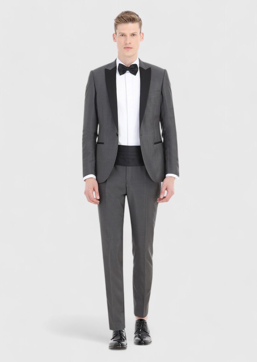 Koyu Gri Düz Fashion Slim Fit Kruvaze Yaka Dokuma Smokin Takım Elbise - 1