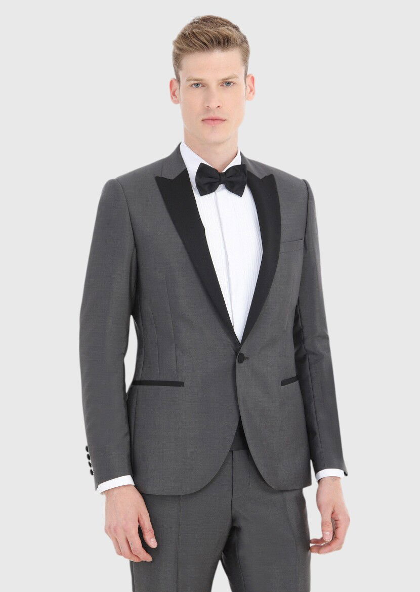 Koyu Gri Düz Fashion Slim Fit Kruvaze Yaka Dokuma Smokin Takım Elbise - 2