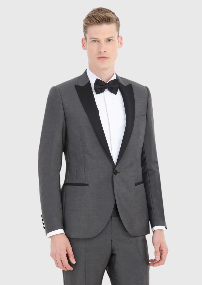 Koyu Gri Düz Fashion Slim Fit Kruvaze Yaka Dokuma Smokin Takım Elbise - 2