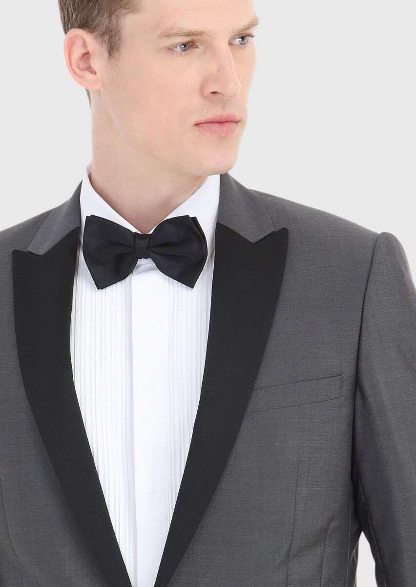 Koyu Gri Düz Fashion Slim Fit Kruvaze Yaka Dokuma Smokin Takım Elbise - 3