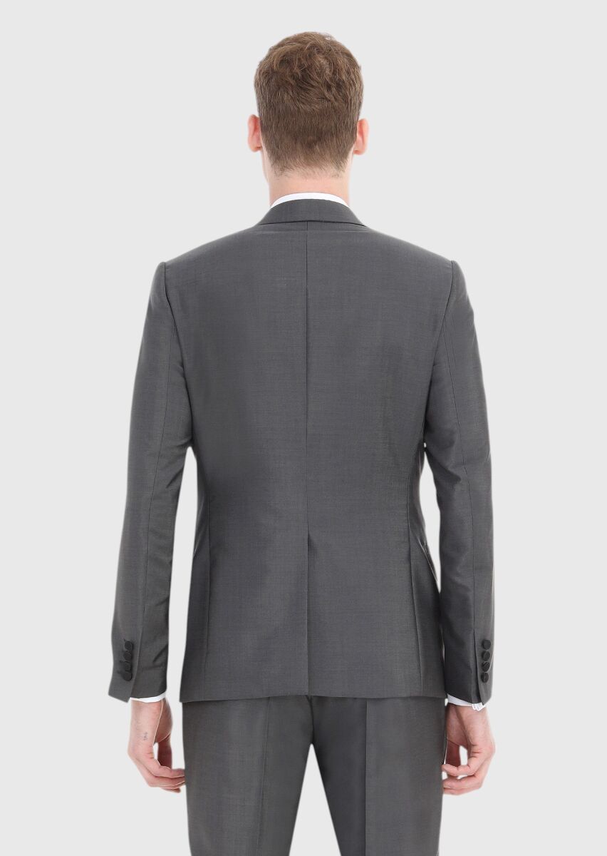 Koyu Gri Düz Fashion Slim Fit Kruvaze Yaka Dokuma Smokin Takım Elbise - 5