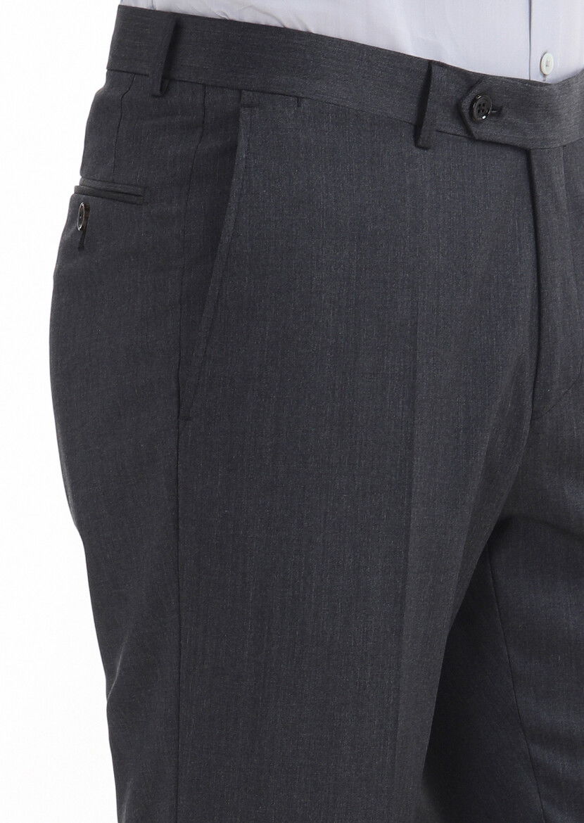 Koyu Gri Düz Kumaş Regular Fit Klasik %100 Yün Pantolon - 3