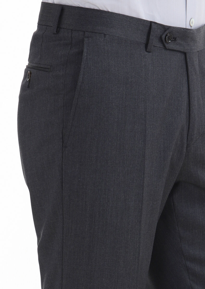 Koyu Gri Düz Kumaş Regular Fit Klasik %100 Yün Pantolon - 3