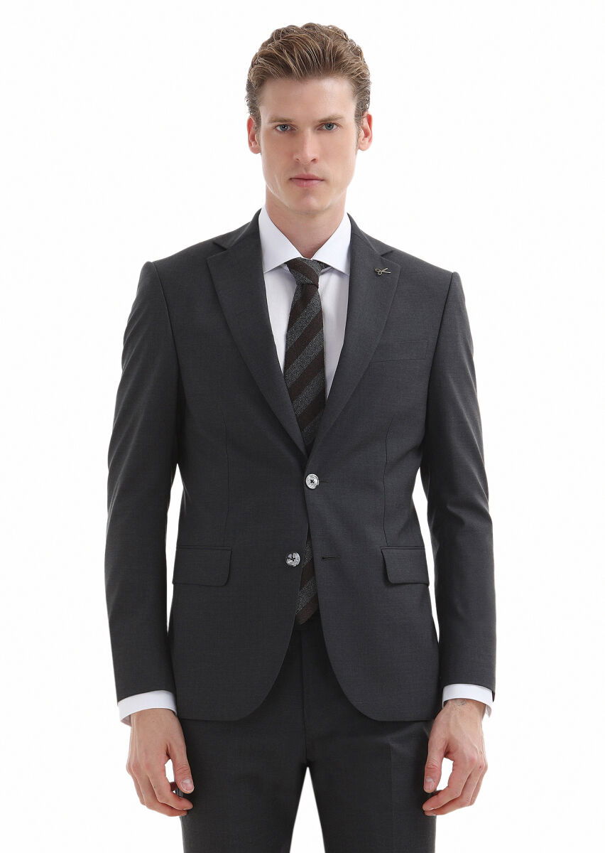 Koyu Gri Düz Modern Fit %100 Yün Takım Elbise - 2