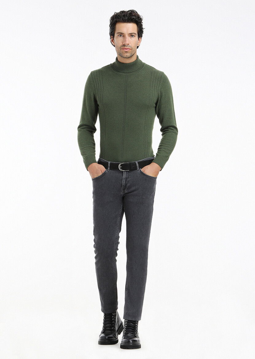 Koyu Gri Düz Slim Fit Denim Pamuk Karışımlı Pantolon 