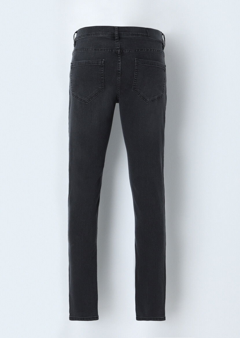 Koyu Gri Düz Slim Fit Denim Pamuk Karışımlı Pantolon - 3
