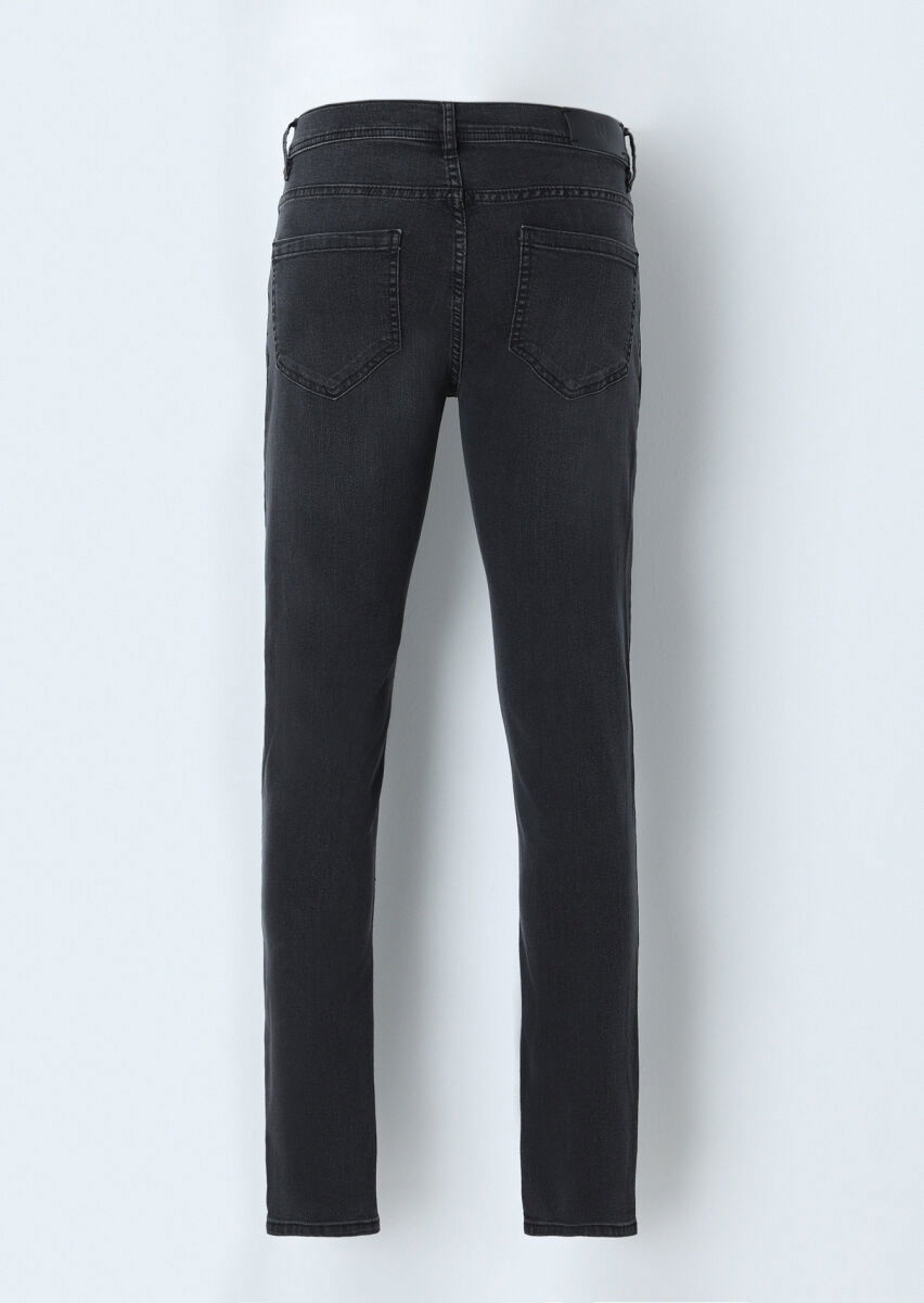 Koyu Gri Düz Slim Fit Denim Pamuk Karışımlı Pantolon - 3