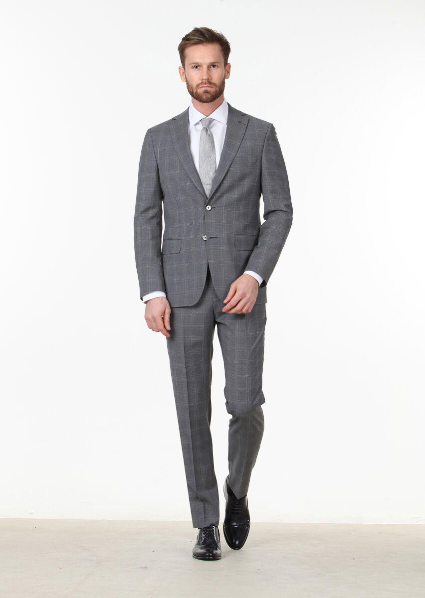 Koyu Gri Kareli Modern Fit %100 Yün Takım Elbise - 1