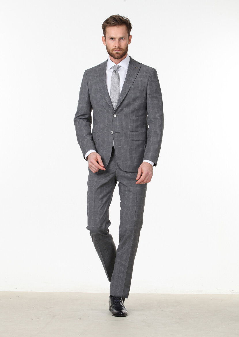 Koyu Gri Kareli Modern Fit %100 Yün Takım Elbise - 2