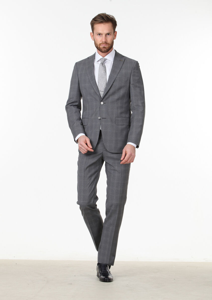Koyu Gri Kareli Modern Fit %100 Yün Takım Elbise - 2